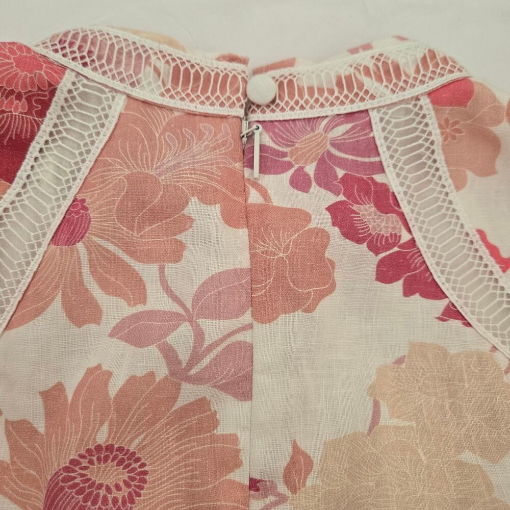 Ted Baker Denissa Linen Floral Midi Dress Pink Lace Cut Out Bishop Sleeve US 6 - Picture 13 of 15